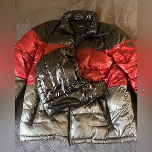 GUESS mens tricolor puffer coat w/ detachable hood